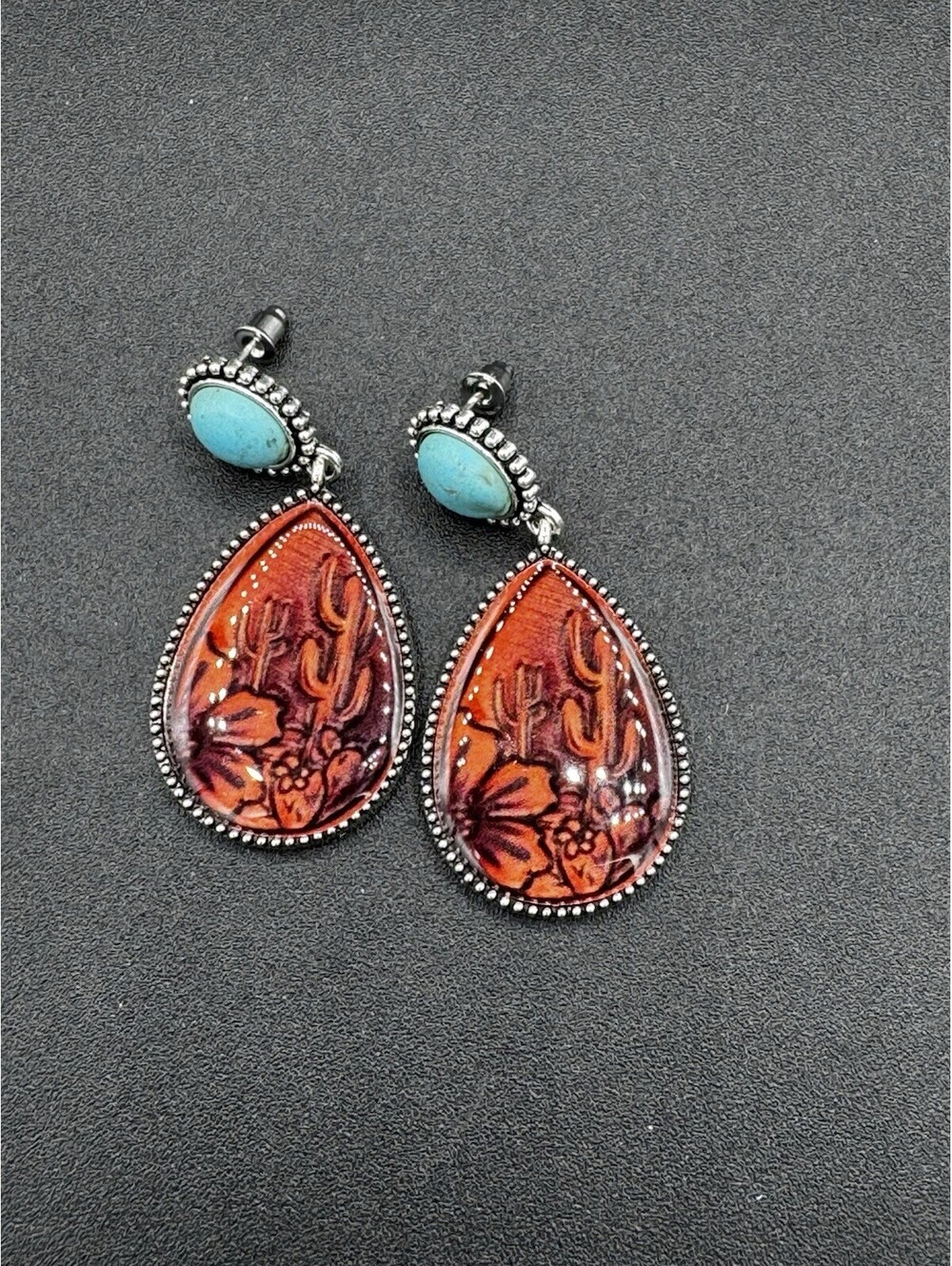 Western Cactus Earrings Turquoise Look Orange Teardrop Cowgirl Boho NWT